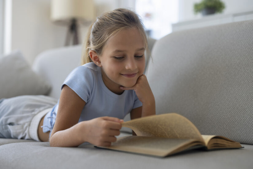 A young girl lies on a sofa, smiling while reading an open book.